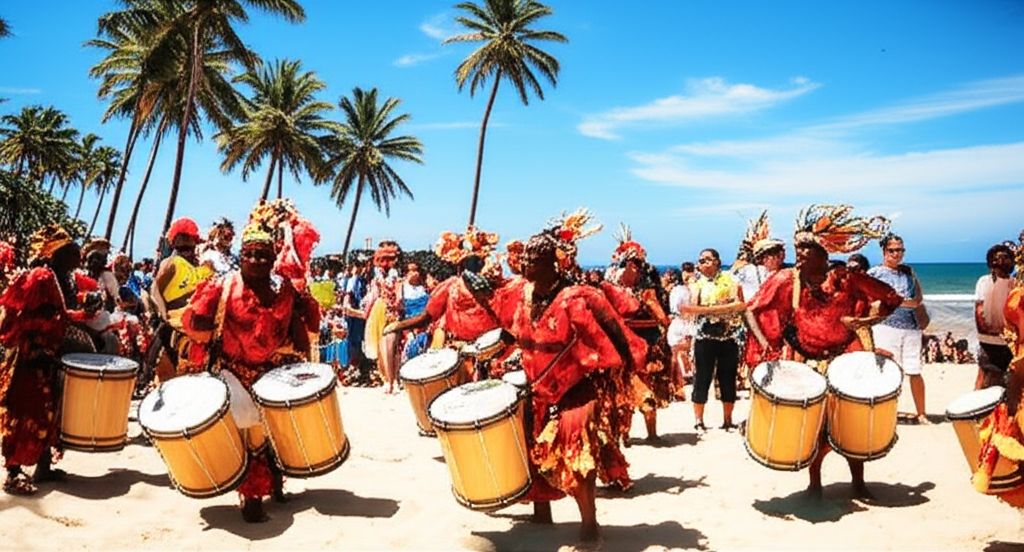 Grupo de percussionistas de Maracatu tocando alfaias e outros instrumentos na Praia do Gunga, com o público ao fundo.