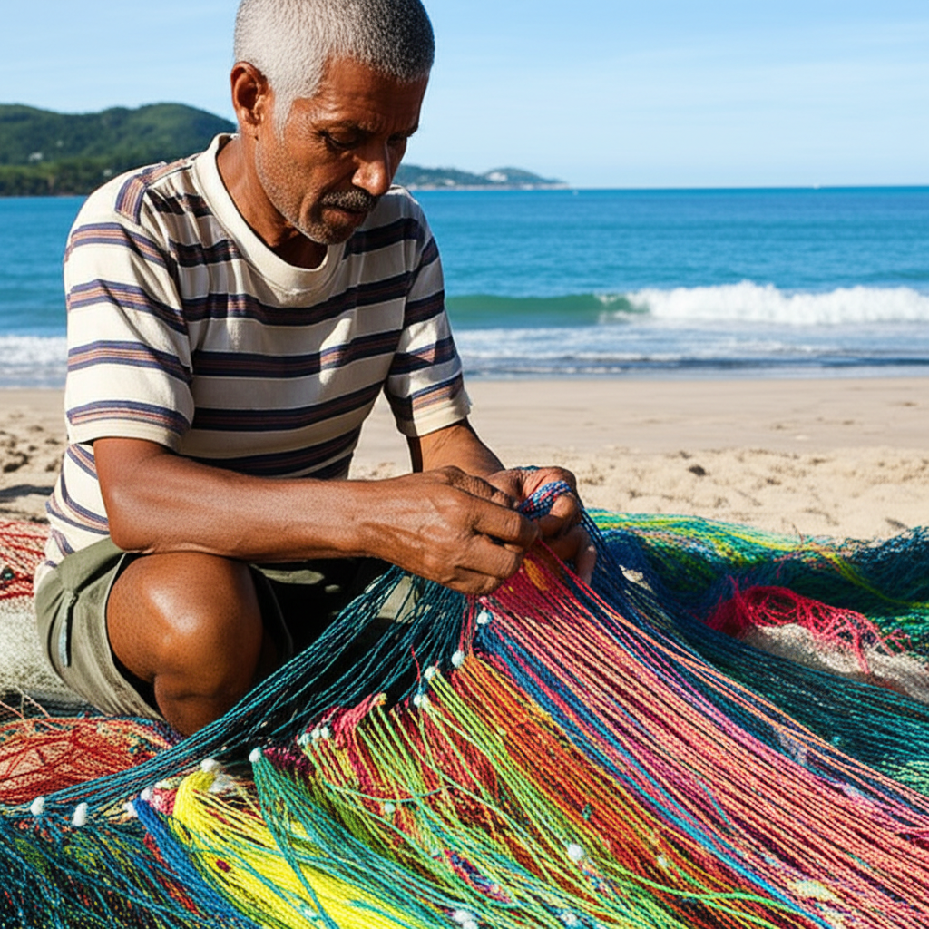 Um pescador idoso, com as mãos experientes, reparando uma rede de pesca colorida na areia da praia de Camburi, com o mar ao fundo.