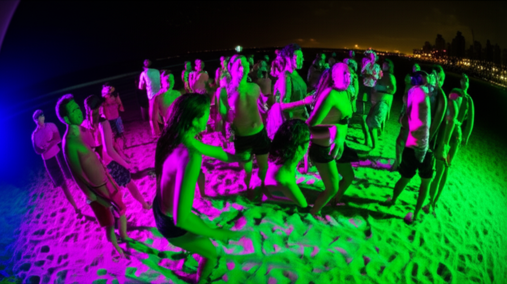 Grupo de pessoas dançando alegremente na areia da Praia de Ibirapuera, iluminadas por luzes festivas