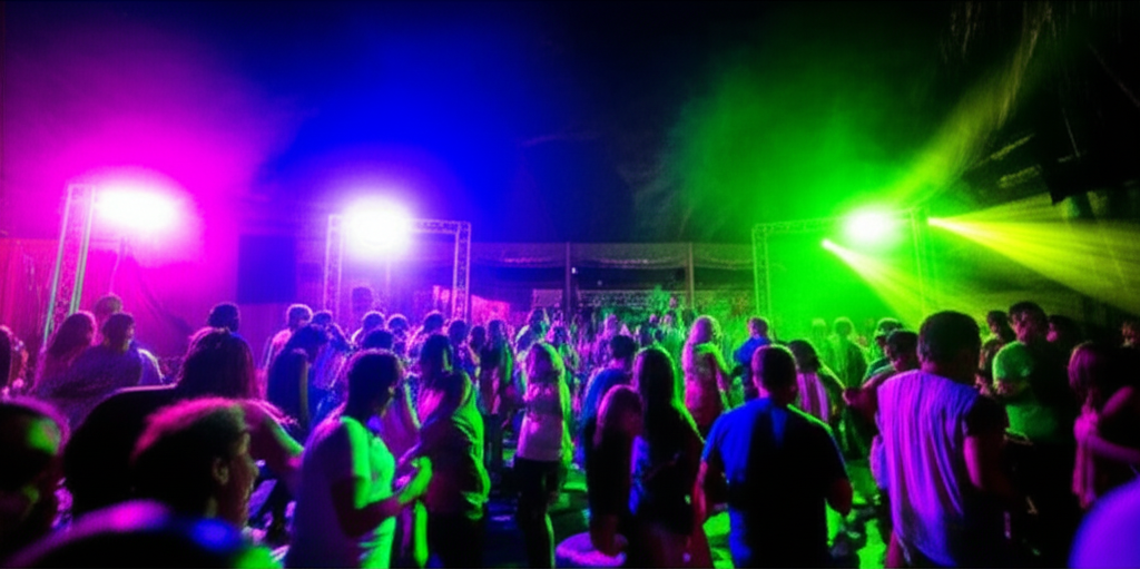 Pista de dança ao ar livre em Itaparica com luzes coloridas e pessoas dançando