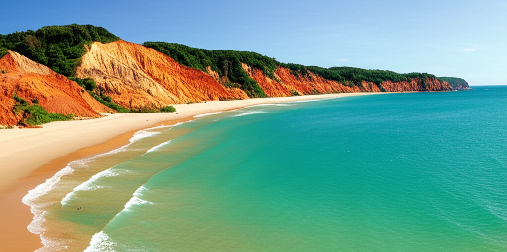 Vista panorâmica de uma praia paradisíaca com falésias coloridas, areia dourada e piscinas naturais de água cristalina