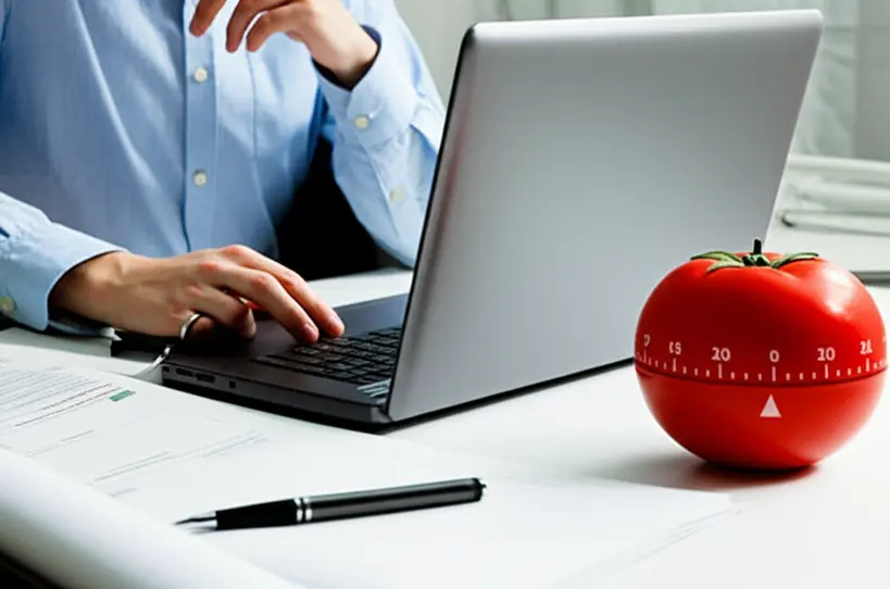 Profissional concentrado no trabalho com um timer Pomodoro na mesa