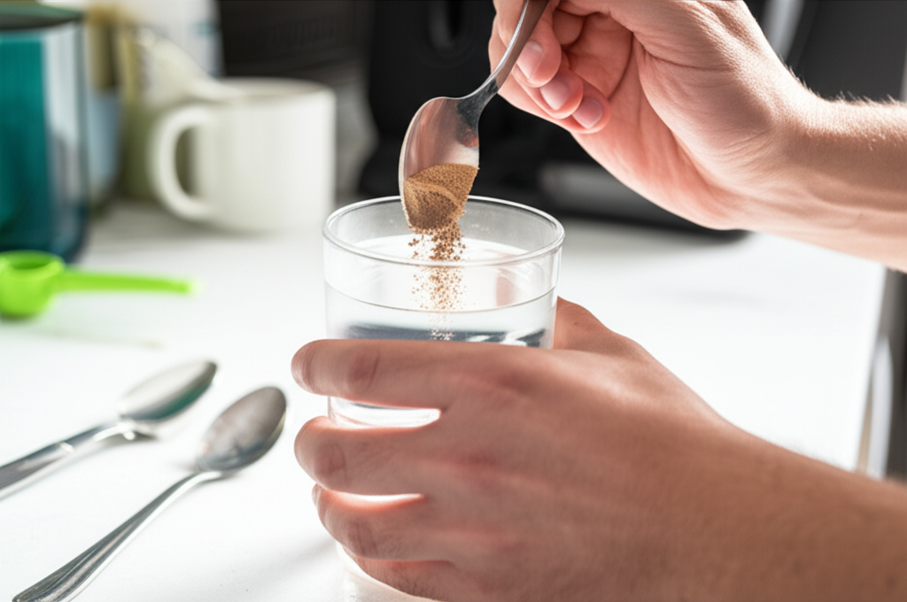 Copo de água com Psyllium em pó sendo misturado, simbolizando a hidratação e o suporte à saúde intestinal.