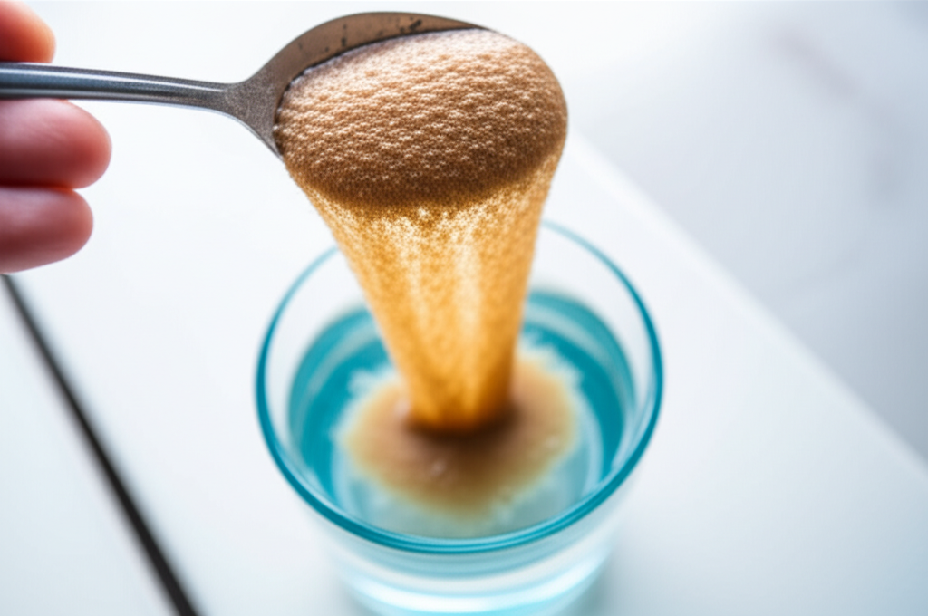 Uma colher de psyllium em pó sendo adicionada a um copo de água, mostrando o início da formação de um gel, em uma bancada de cozinha clara.