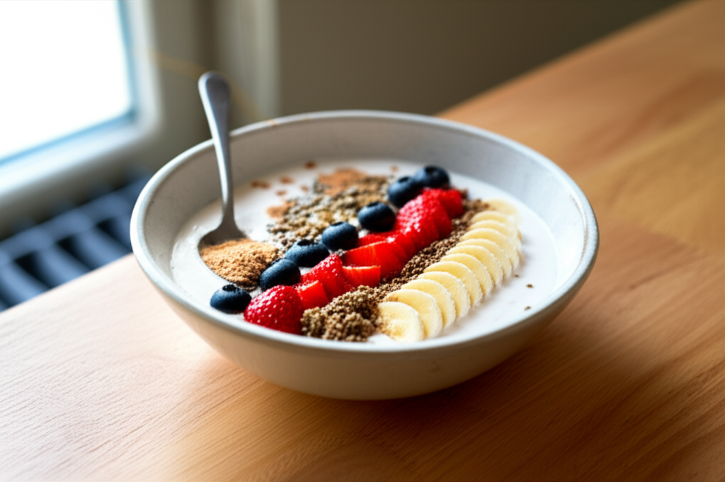 Tigela de iogurte com frutas e Psyllium, um café da manhã nutritivo