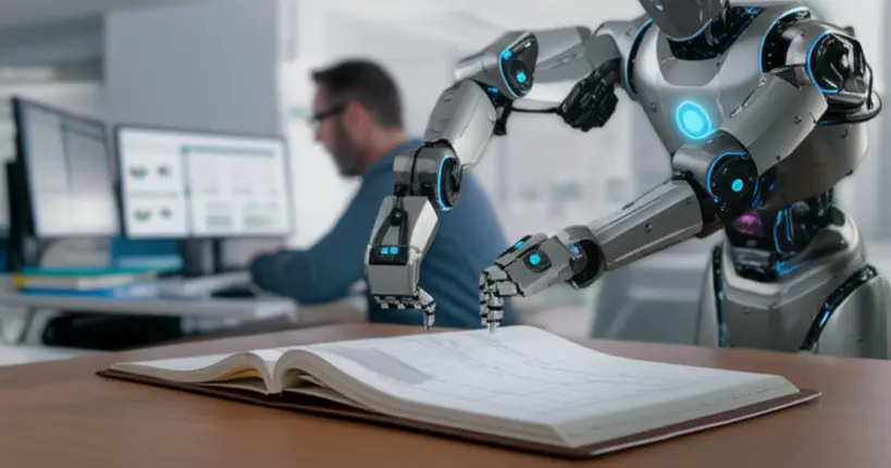 Um robô com braços mecânicos realizando tarefas de contabilidade, como entrada de dados e análise de relatórios, enquanto um profissional humano supervisiona em segundo plano, destacando a automação e a colaboração homem-máquina.