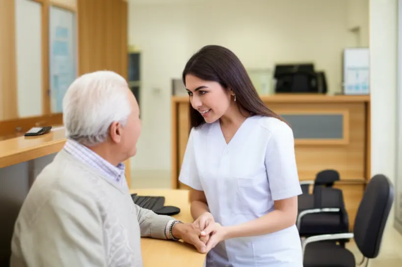 Secretária médica interagindo empaticamente com um paciente idoso em consultório moderno