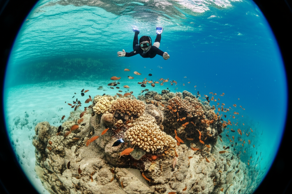 Pessoa praticando snorkeling em recife de coral colorido perto de uma ilha deserta em Ubatã.