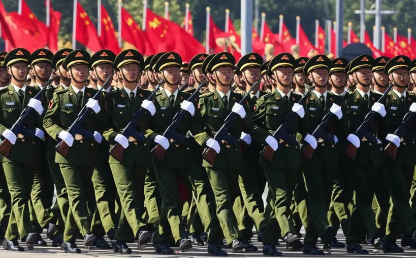 Soldados do Exército de Libertação Popular marchando com disciplina e uniformidade, refletindo a força e unidade da nação chinesa.