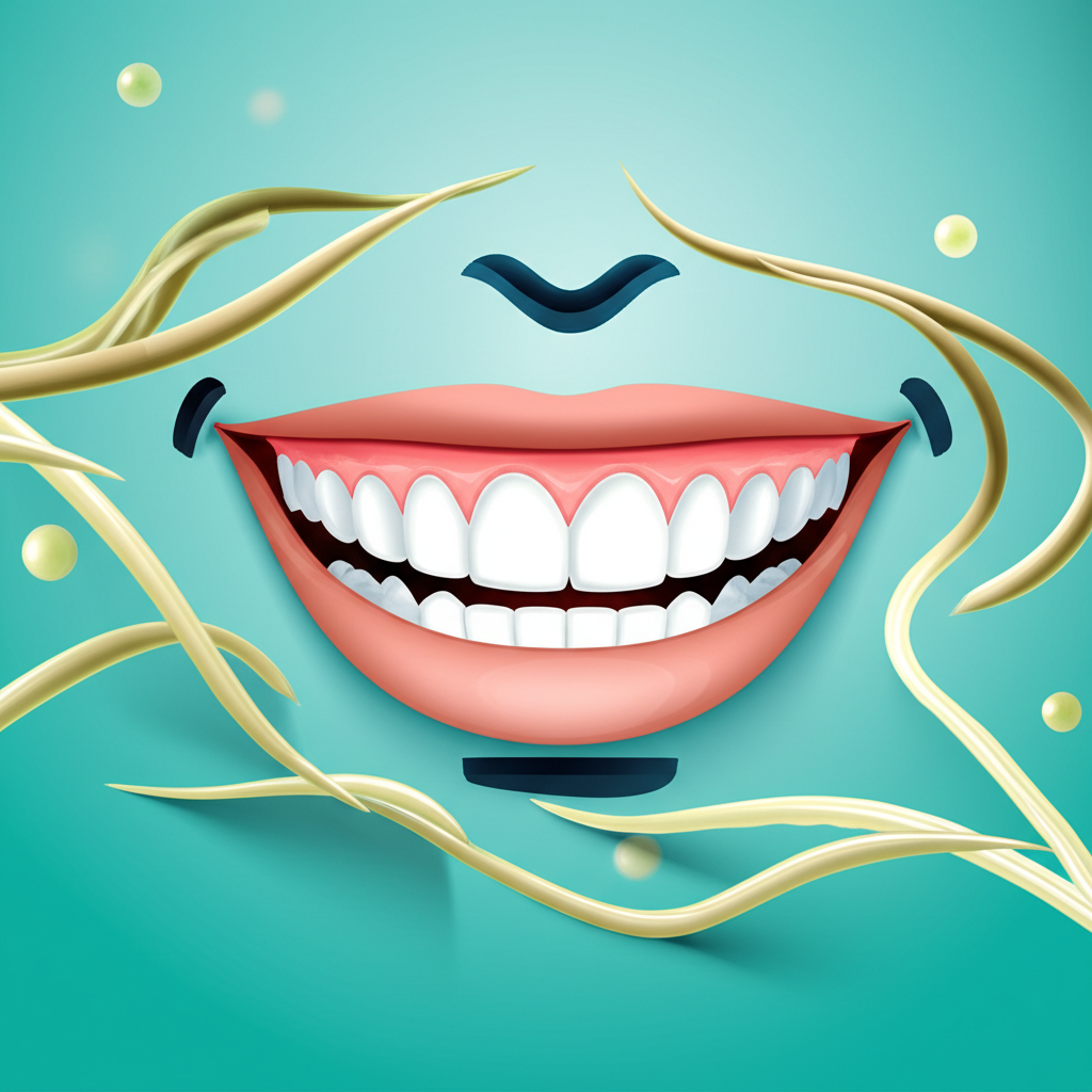 Ilustração de um sorriso brilhante e dentes limpos, com fibras de Psyllium flutuando ao redor, representando a conexão com a saúde bucal.