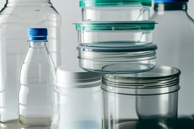 Foto realista de diferentes tipos de embalagens transparentes PET, PP e PLA, empilhadas e mostrando suas características de design e sustentabilidade.