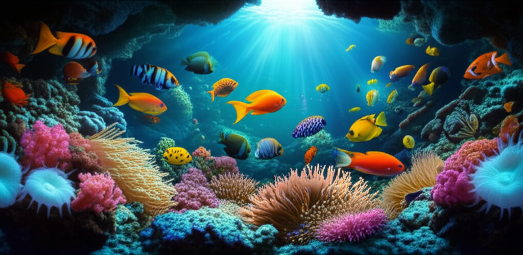 Cardume de peixes coloridos nadando entre corais e anêmonas dentro de uma caverna subaquática com água cristalina.