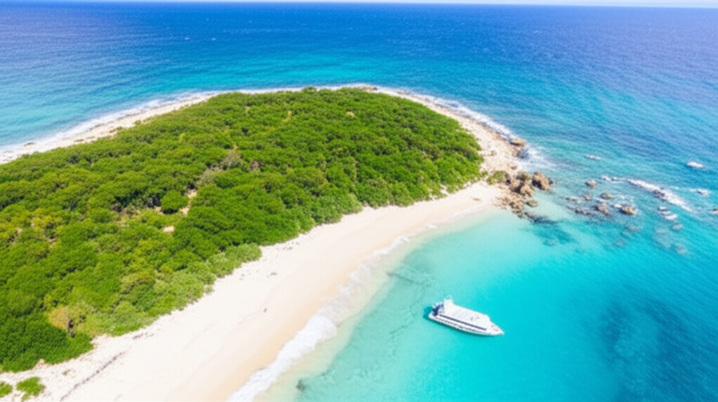 Vista aérea de uma pequena ilha com praia de areia branca e vegetação densa, barco ancorado.