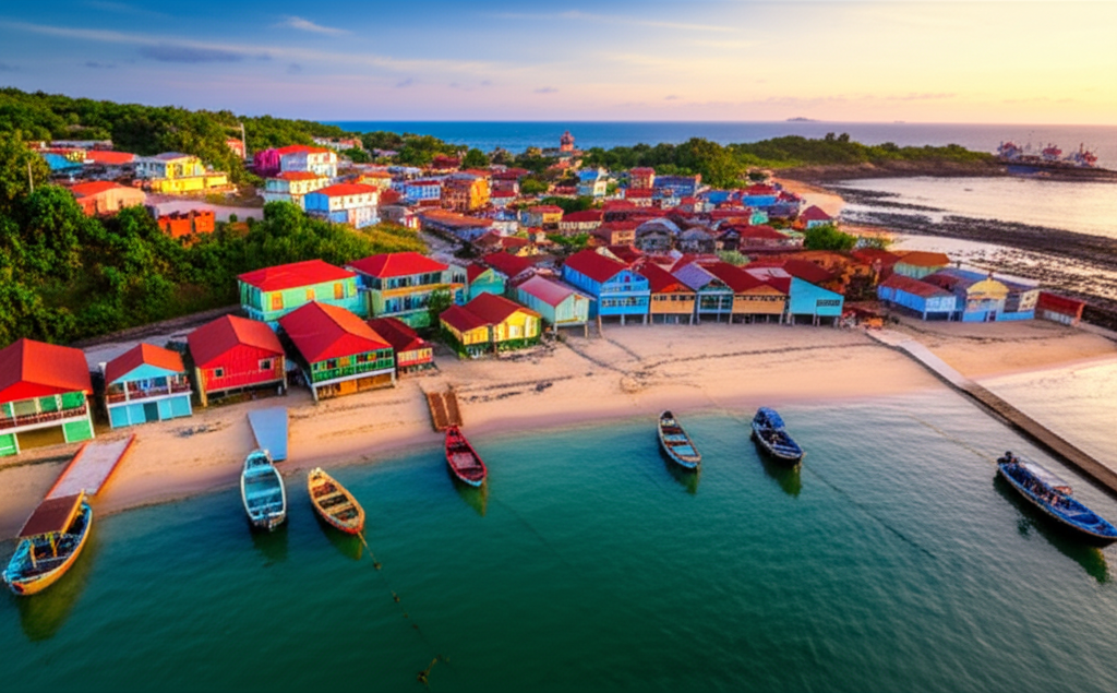 Vista aérea de um pequeno vilarejo de pescadores em uma ilha do arquipélago, casas coloridas, barcos na orla, estilo foto realista.