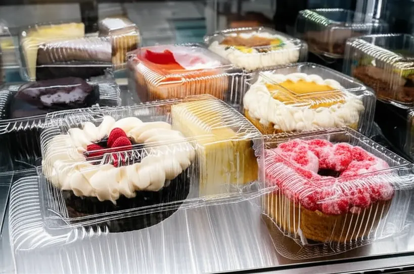Vários bolos caseirinhos em embalagens transparentes dispostos em vitrine