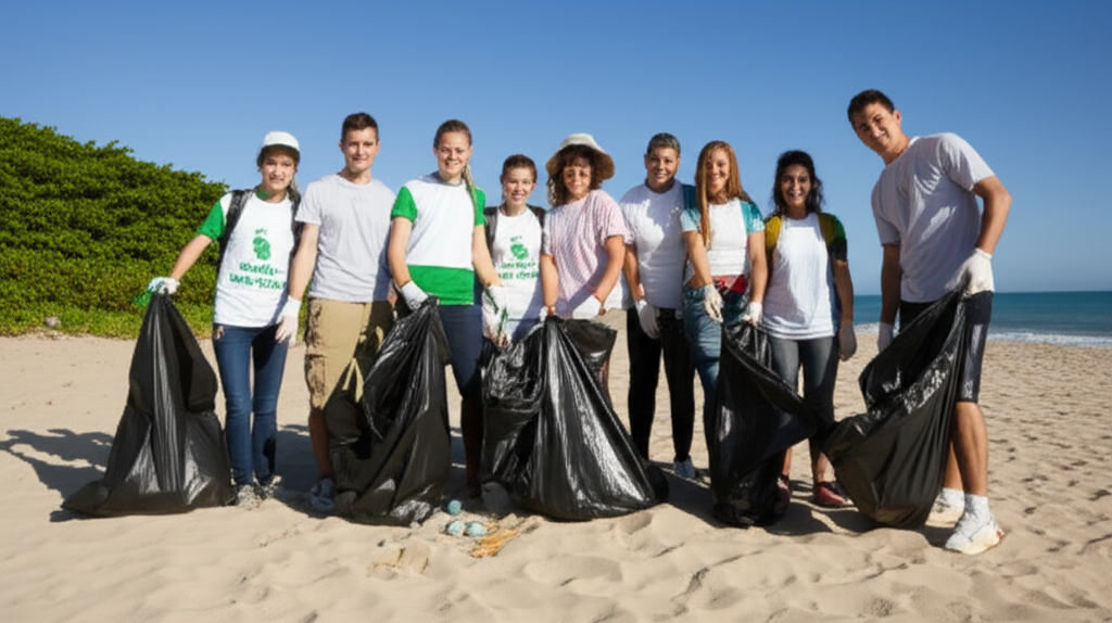 Grupo de voluntários, incluindo jovens e adultos, recolhendo lixo plástico e outros detritos da areia da Praia de Santo Amaro, com sacos de lixo e ferramentas de coleta, sob um céu azul e sol.