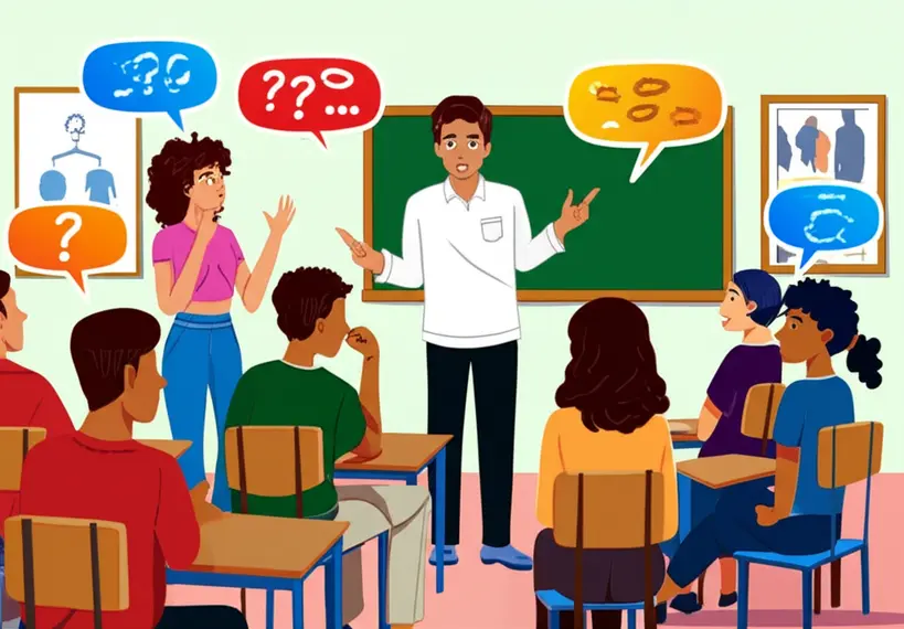 Grupo de adolescentes em sala de aula, debatendo ativamente sobre saúde masculina com um educador, promovendo um diálogo aberto e respeitoso.