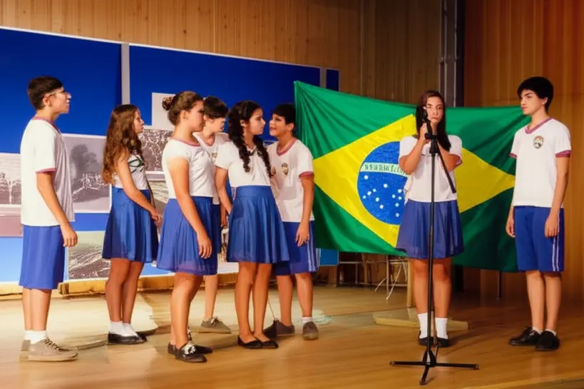 Adolescentes em apresentação teatral sobre a bandeira Grupo de adolescentes encenando a história da bandeira do Brasil em um palco escolar