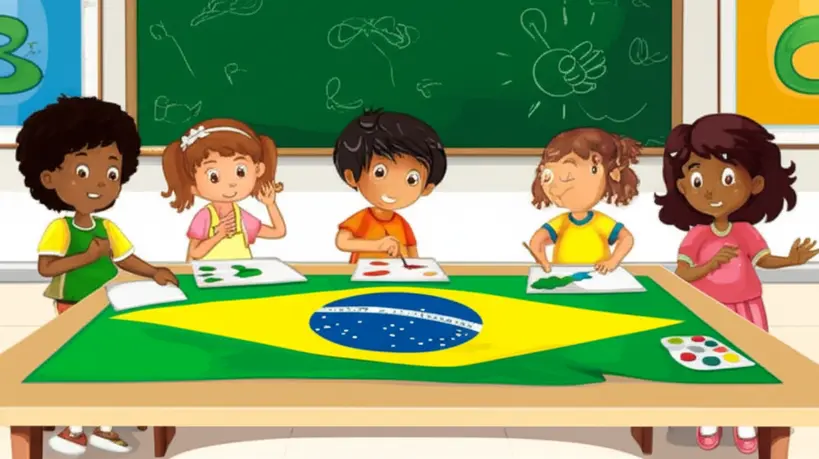 Alunos pintando a bandeira do Brasil na escola Crianças e adolescentes pintando a bandeira do Brasil em uma atividade escolar