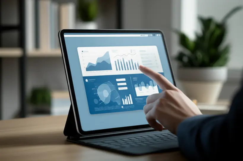 Gráficos financeiros digitais em tablet Gráficos e relatórios financeiros digitais sendo analisados em uma tela de tablet, com uma pessoa focada ao fundo, representando a facilidade de análise de dados financeiros.