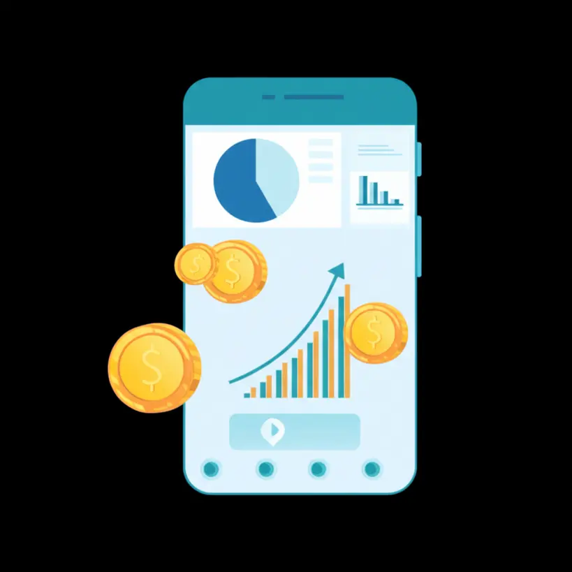 Smartphone exibindo um aplicativo de controle financeiro com gráficos de barras e moedas flutuando