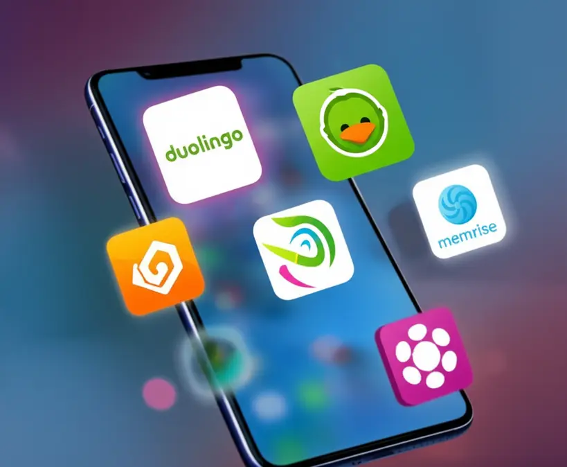 Diversos icones de aplicativos de idiomas flutuando ao redor de um smartphone