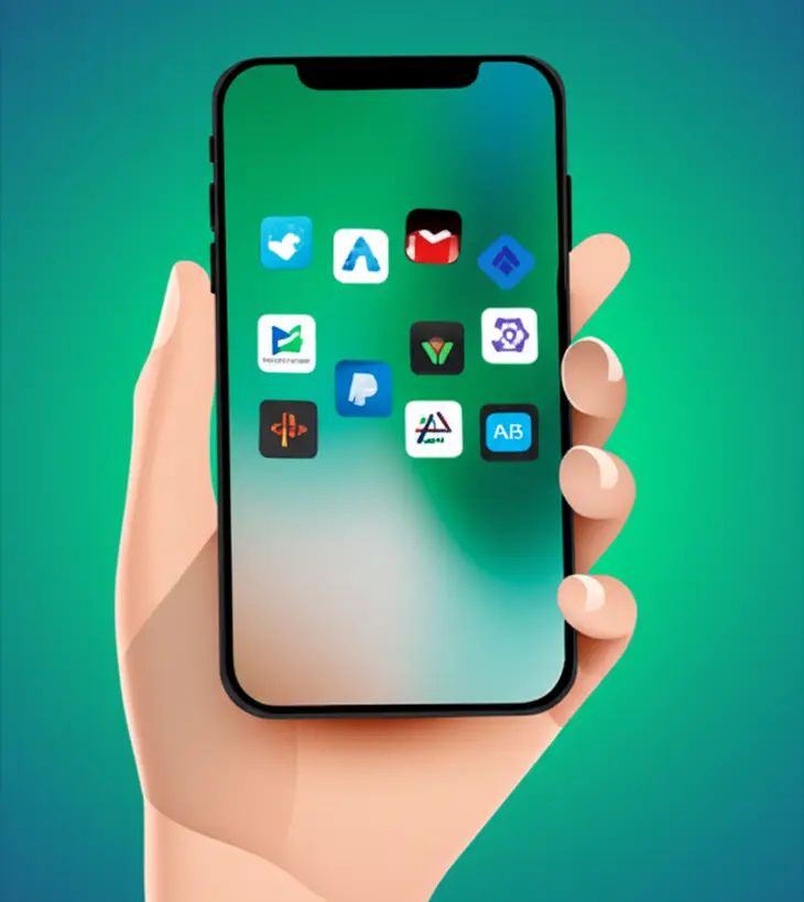 Mãos segurando smartphone com ícones de apps financeiros Mãos segurando um smartphone exibindo diversos ícones de aplicativos financeiros, simbolizando a variedade de escolhas para o controle do orçamento pessoal.
