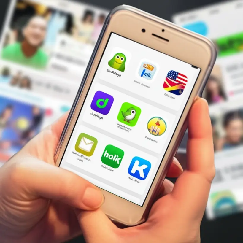Maos segurando um smartphone com apps de idiomas abertos e pessoas interagindo digitalmente