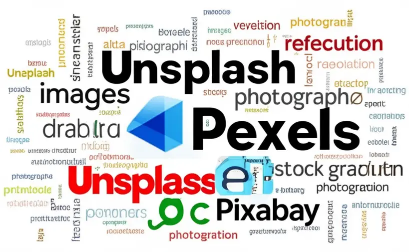 Melhores Bancos de Imagens Gratuitos Uma colagem visual de ícones representando diferentes bancos de imagens gratuitos como Unsplash, Pexels e Pixabay, com um fundo de nuvem de tags de palavras-chave.