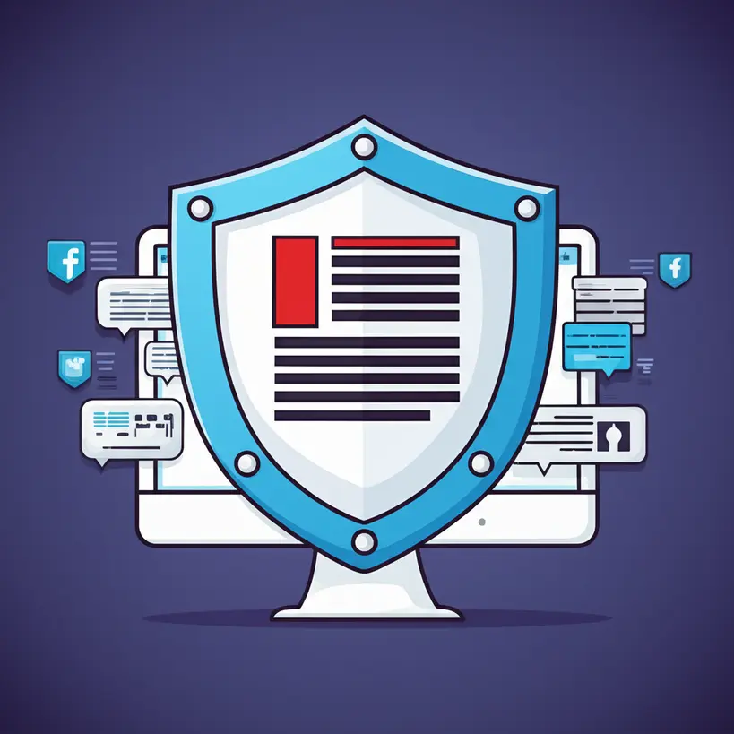 Ilustração de um escudo digital protegendo a tela de um computador de ícones de redes sociais