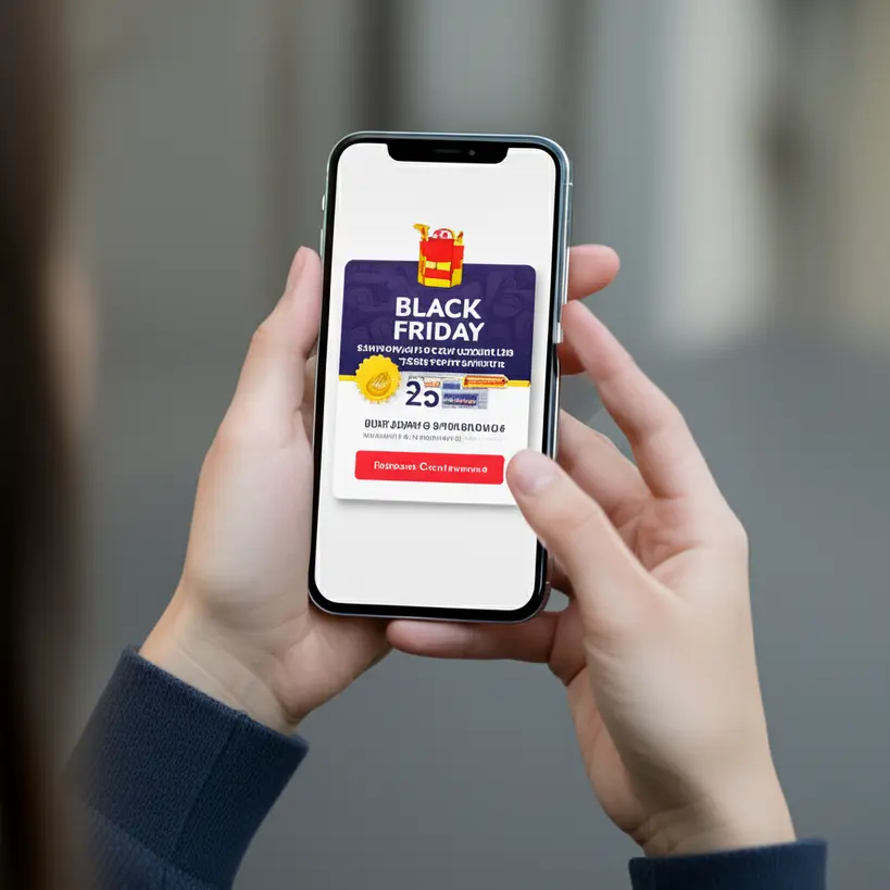 Cashback e cupons para economia na Black Friday Mãos segurando smartphone com aplicativo de cashback e cupons de desconto