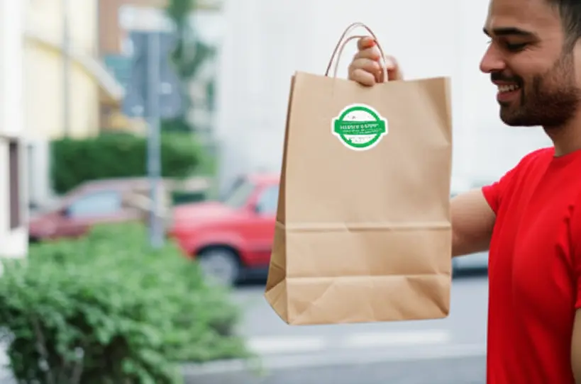 Cliente recebendo um saco kraft personalizado com o logo da empresa de alimentação, sorrindo e demonstrando satisfação.