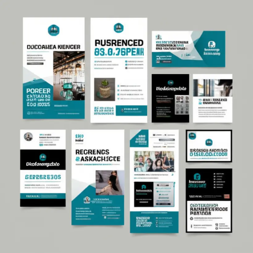 Colagem de Materiais de Marketing Criados com Templates Uma colagem de diversos materiais de marketing como posts de redes sociais cartoes de visita e flyers todos com um design consistente e profissional criados a partir de templates