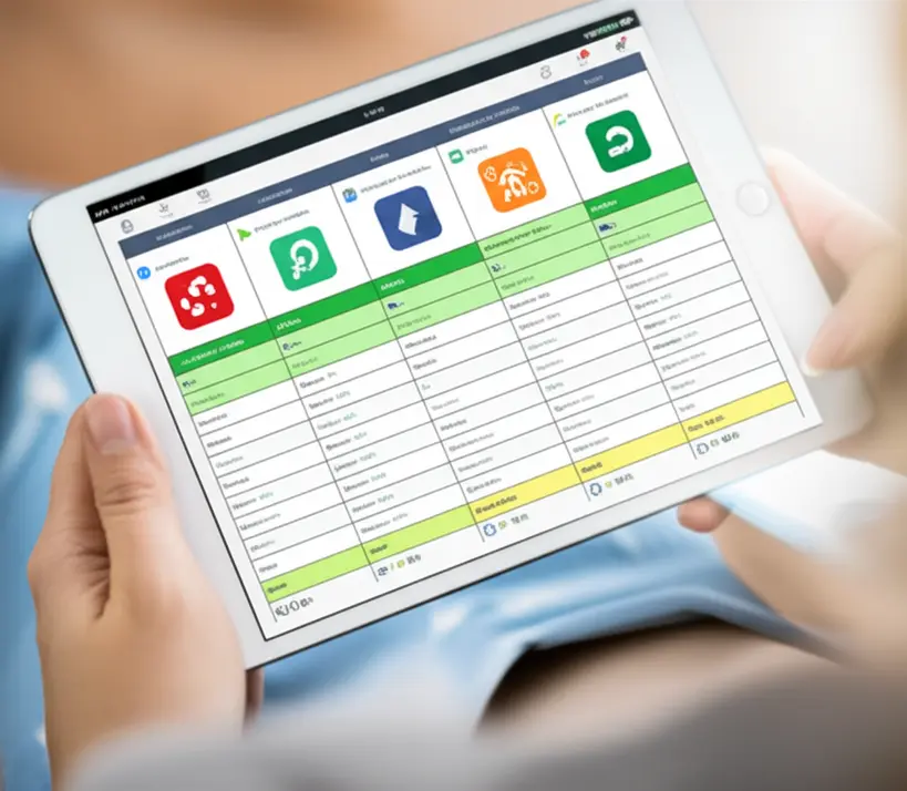 Comparativo de apps de finanças em tela digital Uma tela de tablet ou smartphone exibindo uma tabela comparativa de diferentes aplicativos de finanças, com ícones e características destacadas.