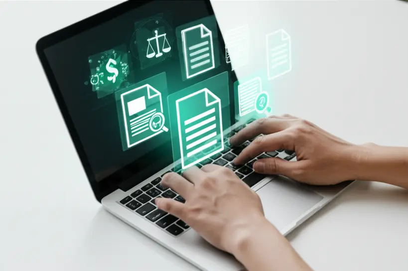 Mãos digitando em notebook com ícones de leis e documentos digitais