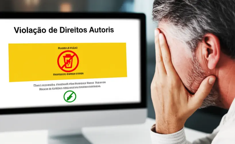 Consequências da Violação de Direitos Autorais Pessoa com expressão preocupada diante de um aviso legal sobre direitos autorais