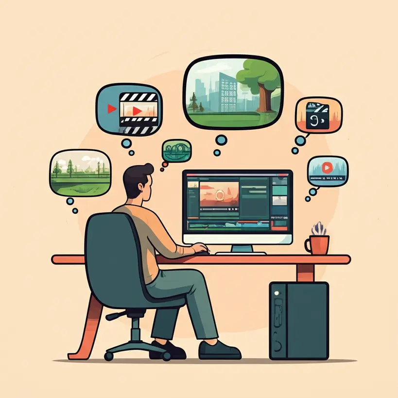 Criador de Conteúdo Editando Vídeo com Footage Gratuito Um criador de conteúdo editando um vídeo em seu computador, utilizando diversos clipes de footage gratuito para compor sua produção. A tela mostra um software de edição de vídeo com várias trilhas de vídeo e áudio.