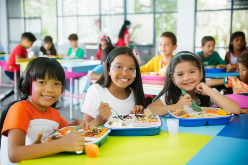 Crianças felizes comendo refeição balanceada em refeitório escolar