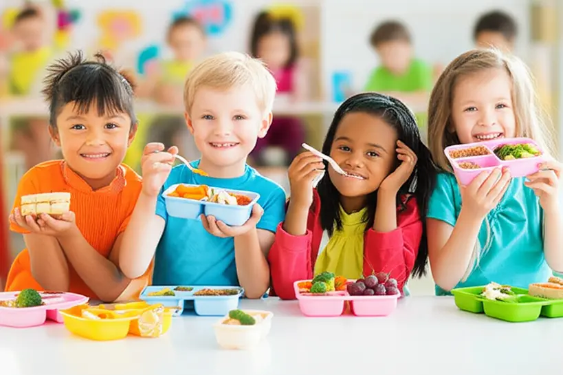 Crianças sorrindo enquanto comem uma merenda escolar balanceada com legumes e carne