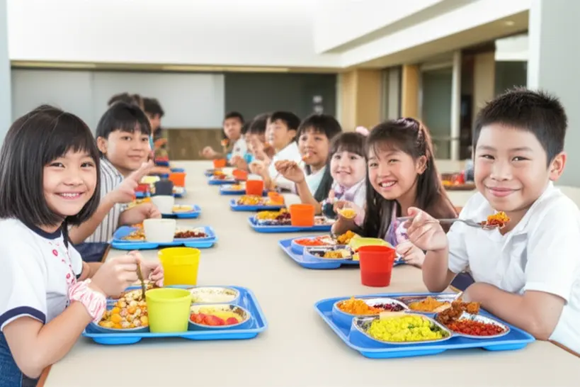 Grupo de crianças sorrindo enquanto comem refeição balanceada na escola