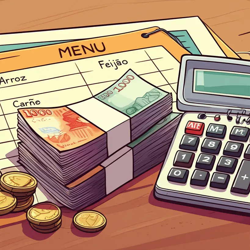 Ilustração de notas de dinheiro e um cardápio escolar, representando o custo da picanha no orçamento da merenda em Sorocaba