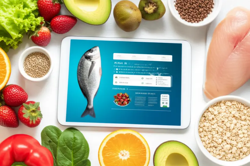 Dieta Personalizada com IA Tablet exibindo plano de dieta gerado por IA com alimentos saudáveis