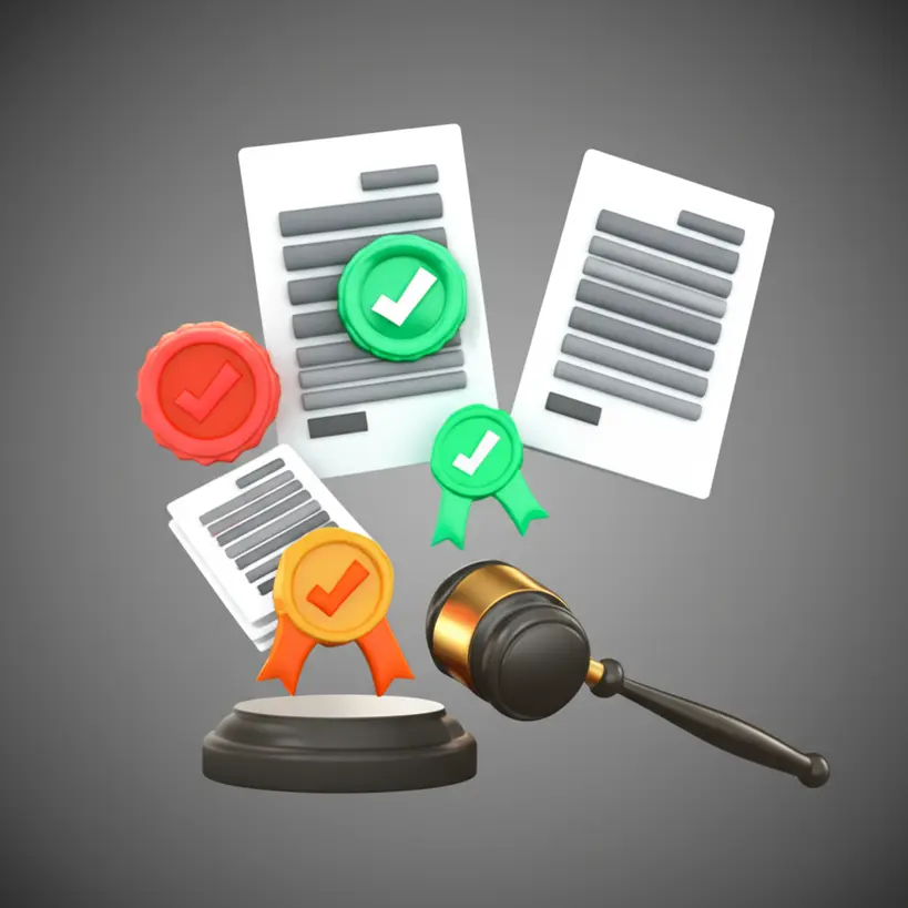 Documentos digitais e conformidade legal Desenho 3D de documentos digitais com selos de aprovação e um martelo de juiz estilizado, representando conformidade legal e segurança.