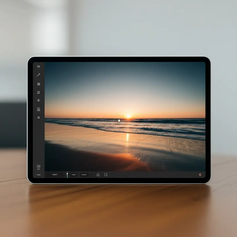 Ferramentas de Edição Online Gratuitas Interface de usuário simplificada de um software de edição de fotos online, com ícones de ferramentas como corte, filtros e texto, em um tablet ou monitor moderno.