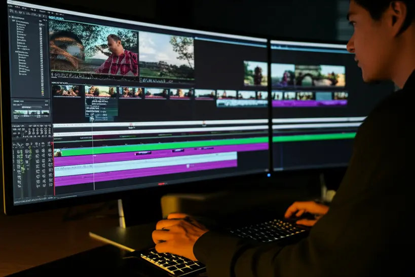 Editor de Vídeo Integrando Clipes Gratuitos Um editor de vídeo trabalhando em um software de edição, com múltiplas telas exibindo diferentes clipes de footage gratuito sendo harmonizados em uma única linha do tempo, demonstrando o processo de integração profissional.