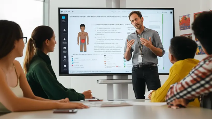 Um educador engajado em um diálogo com um grupo de alunos adolescentes, utilizando materiais visuais para explicar conceitos de saúde masculina e prevenção, em um ambiente escolar acolhedor.