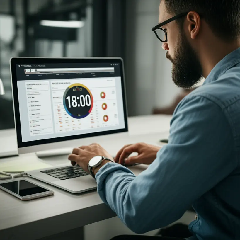 Empreendedor focado gerenciando tempo Empreendedor focado usando um aplicativo de gestão de tempo em seu computador
