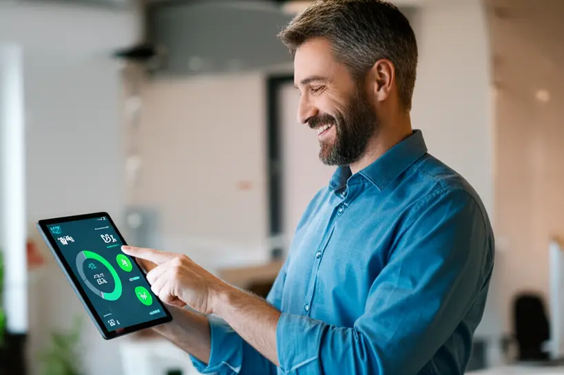 Empreendedor liberando tempo com automação Empreendedor sorrindo ao ver tarefas automatizadas em um tablet, simbolizando tempo livre