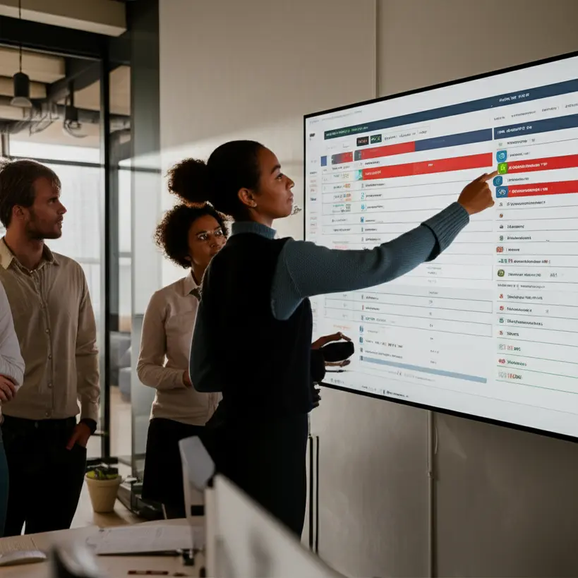 Pessoas trabalhando juntas em um software de gestão de projetos com gráficos e tarefas