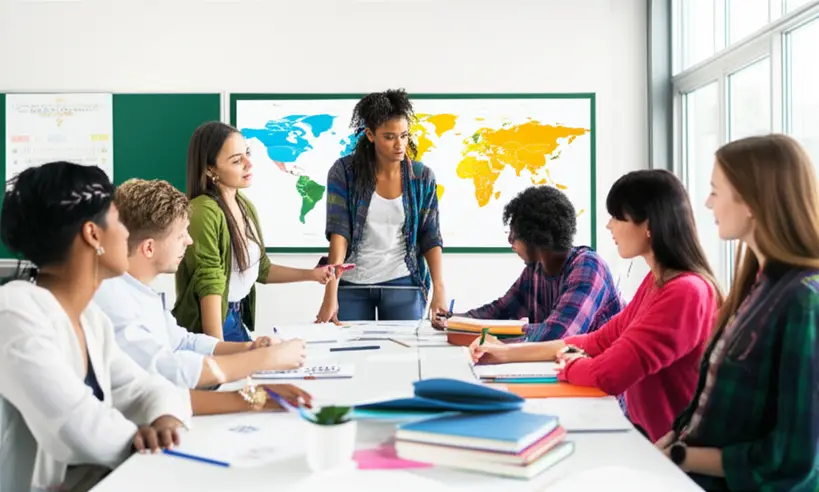 Grupo de estudantes de diversas etnias em sala de aula, debatendo ativamente sobre cidadania e história